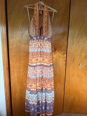 Flying Tomato Boho Halter Maxi Dress in Rust and Light Blue